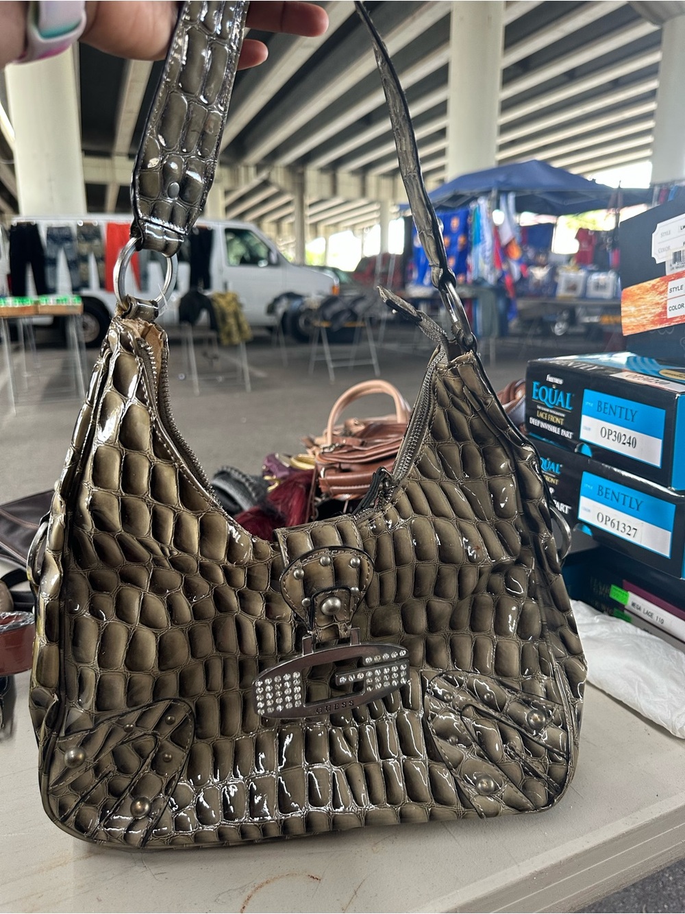 Patent Croc-Embossed Shoulder Bag in Olive